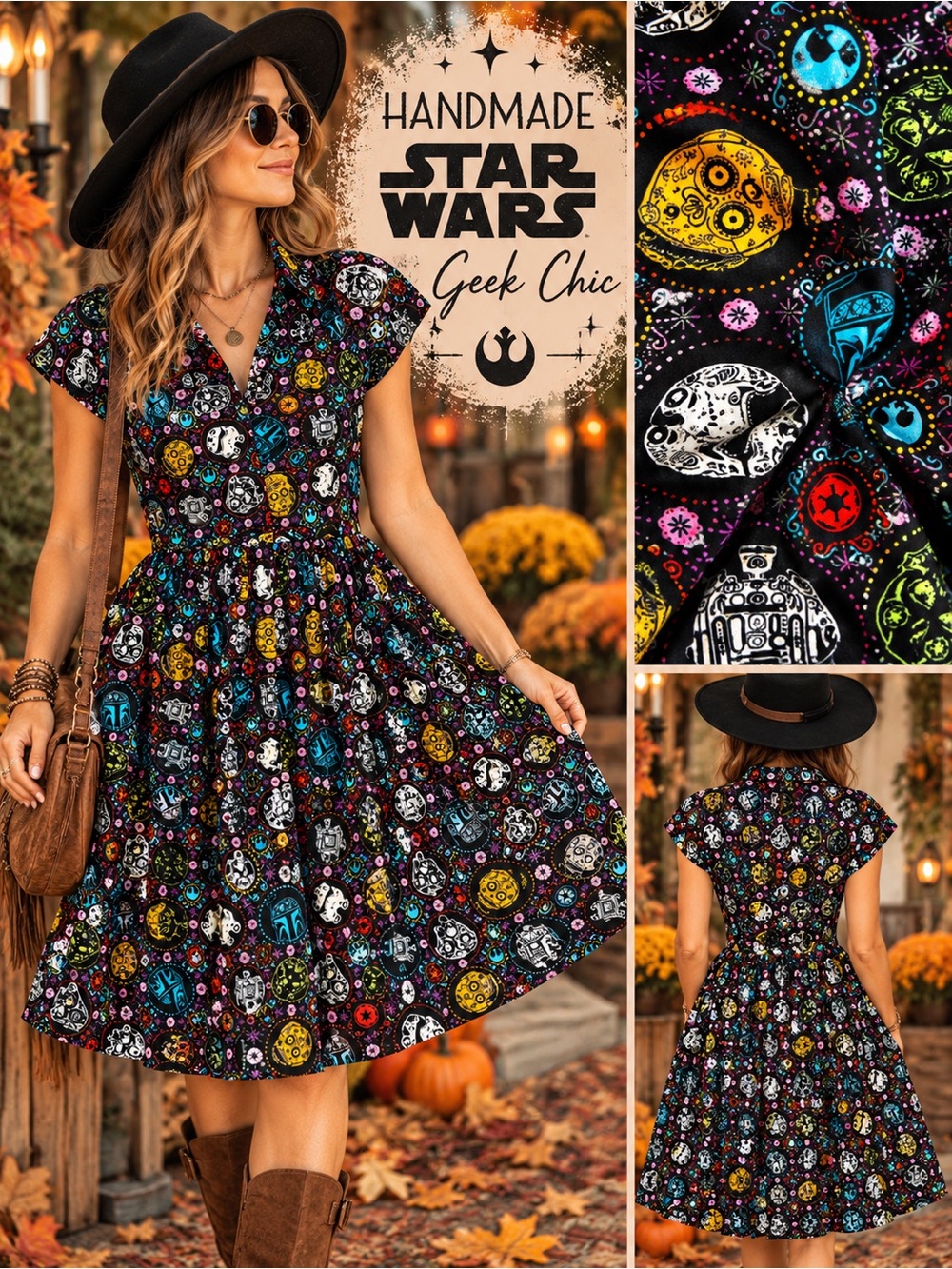 Handmade Star Wars Sugar Skull Print Fit & Flare Dress Women’s S/M Geek Chic